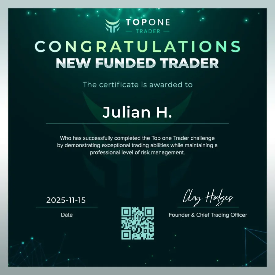 TopOne Trader Zertifikat: New Funded Trader, Julian H.